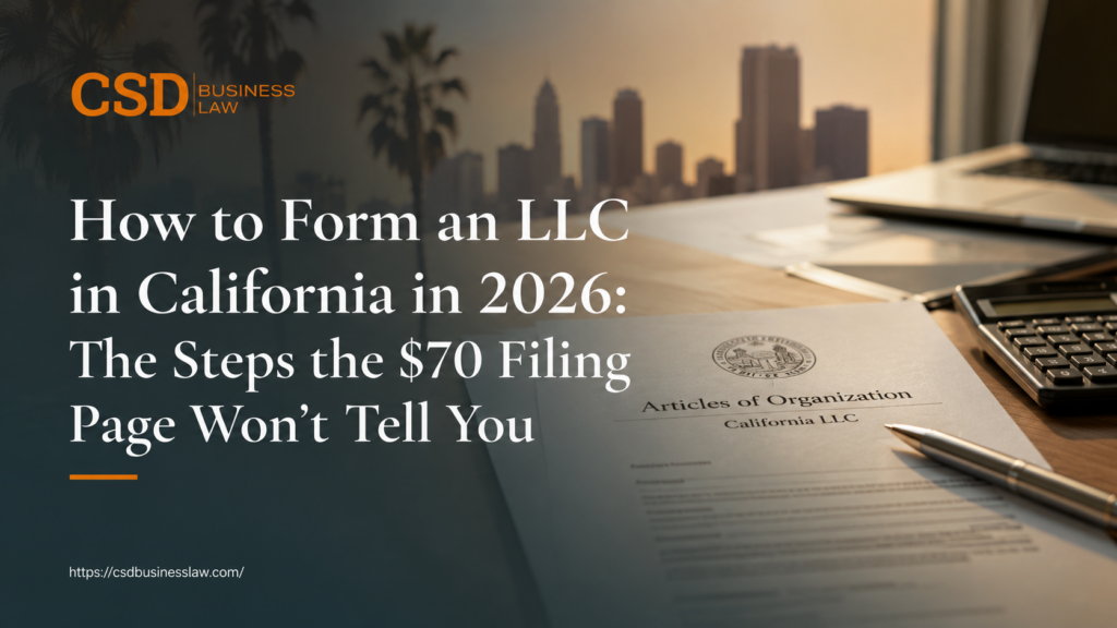 California Articles of Organization LLC formation document on a desk with a pen and laptop, with the San Diego skyline in the background — How to Form an LLC in California in 2026, CSD Business Law