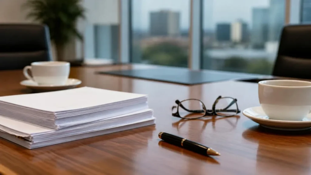 Closing table with purchase agreement documents and a pen