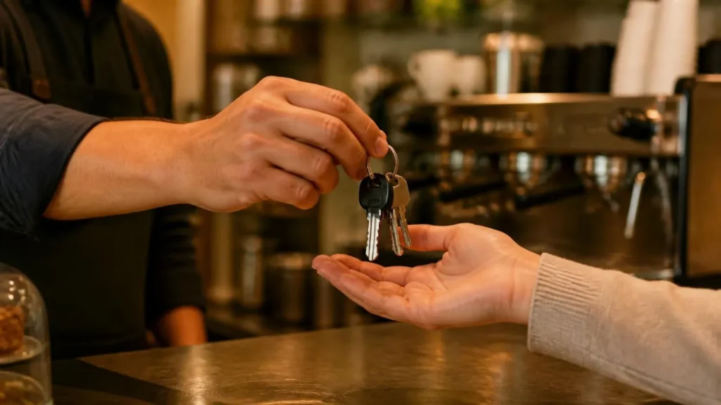 Keys to a small cafe business being handed to a new owner
