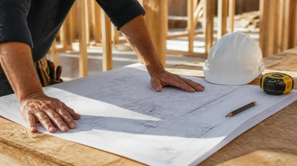 Contractor reviewing blueprints on a job site table with a hard hat and tape measure