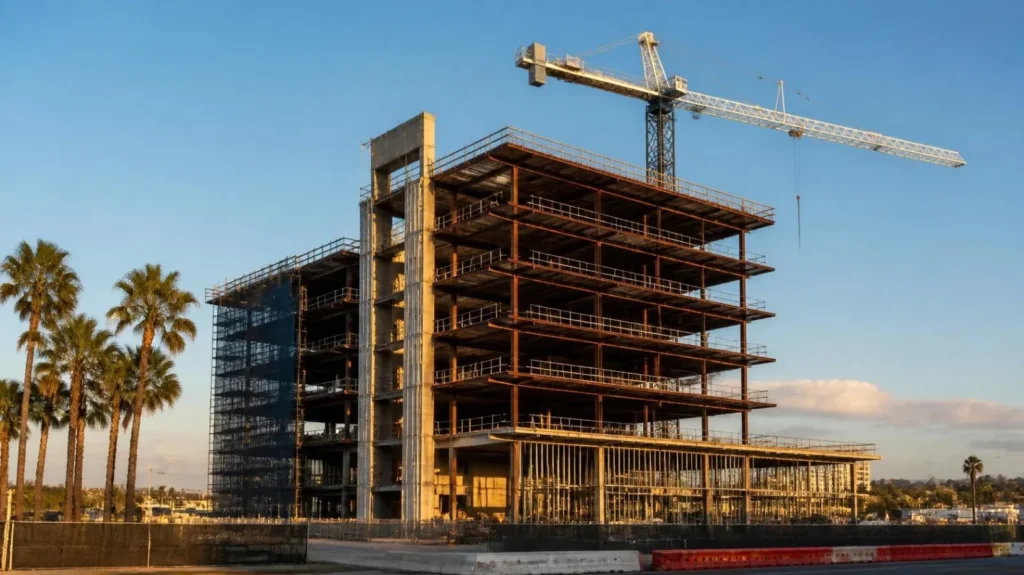 Commercial building under construction in San Diego with a tower crane
