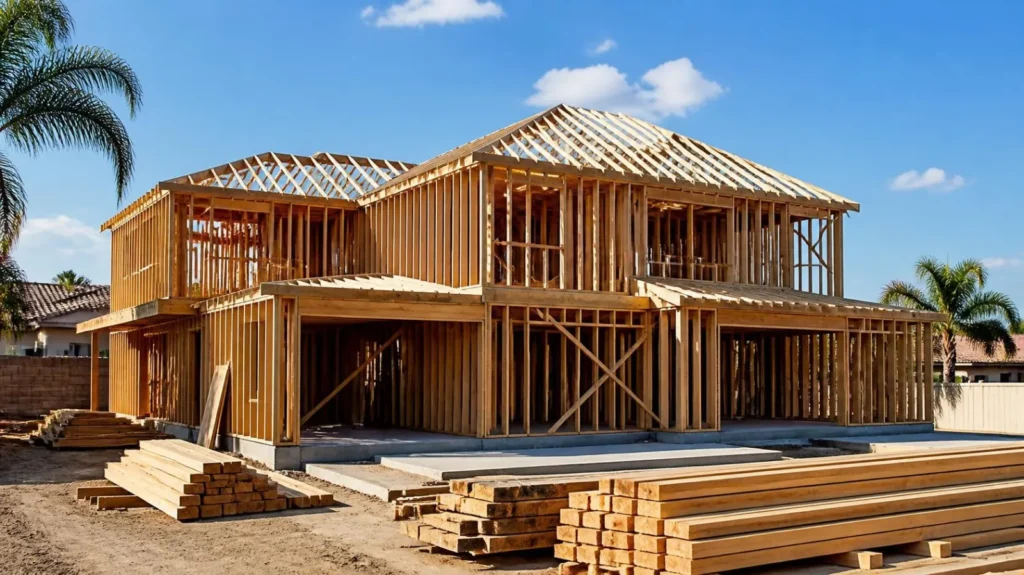 Two-story wood-framed house under construction in Southern California
