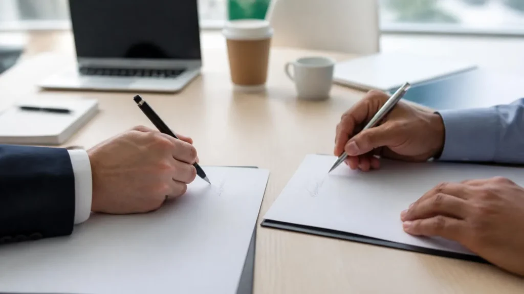 Business co-founders signing company documents at a conference table