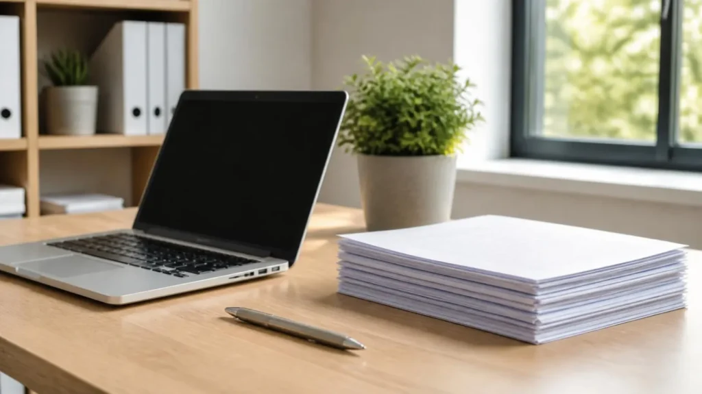 Small business desk with a laptop and company formation paperwork