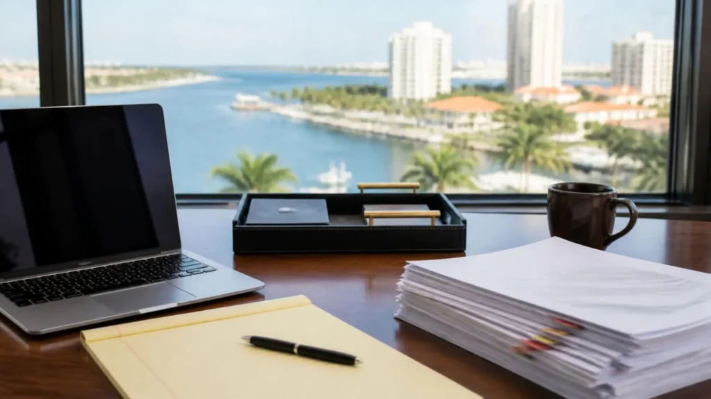 Attorney's desk with a laptop, legal pad and contracts overlooking the coast