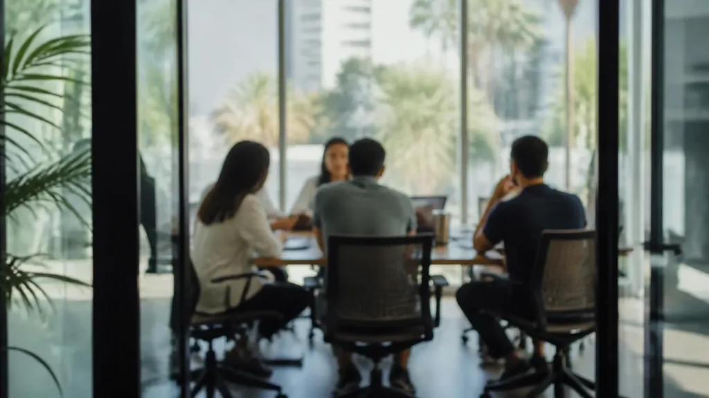 Company team meeting in a bright San Diego office