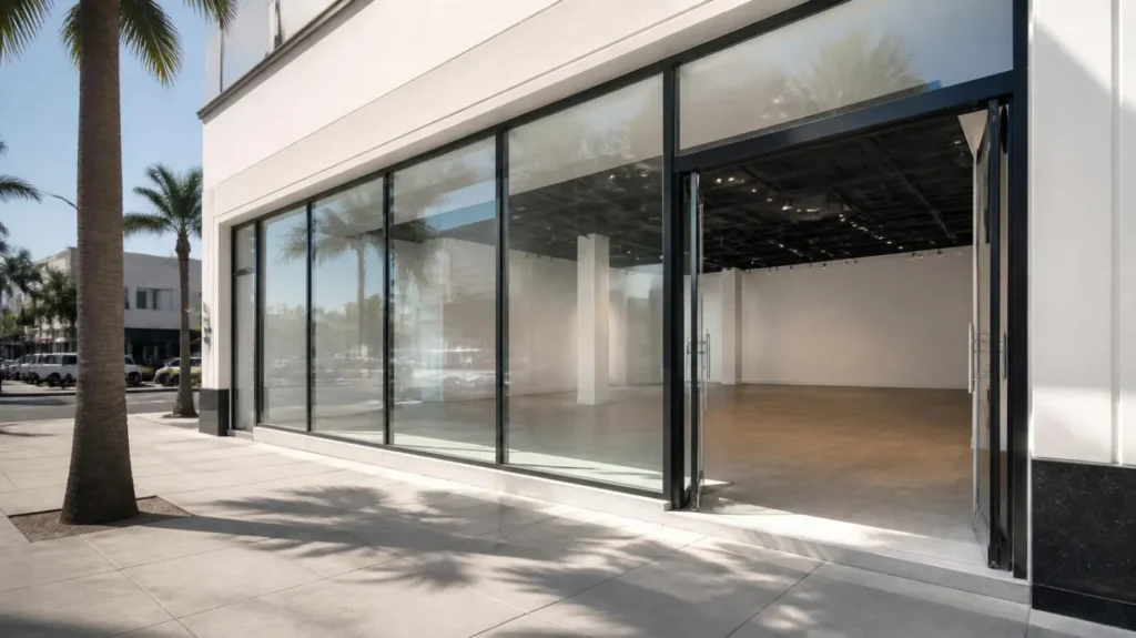 Empty retail storefront available for lease on a San Diego street