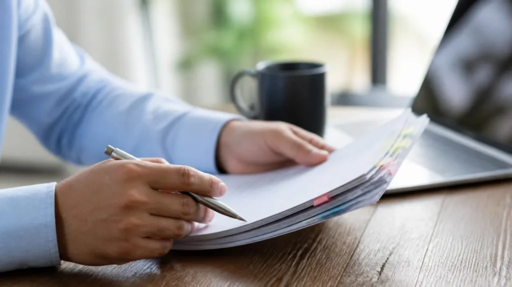 Business owner reviewing a commercial lease document with a pen