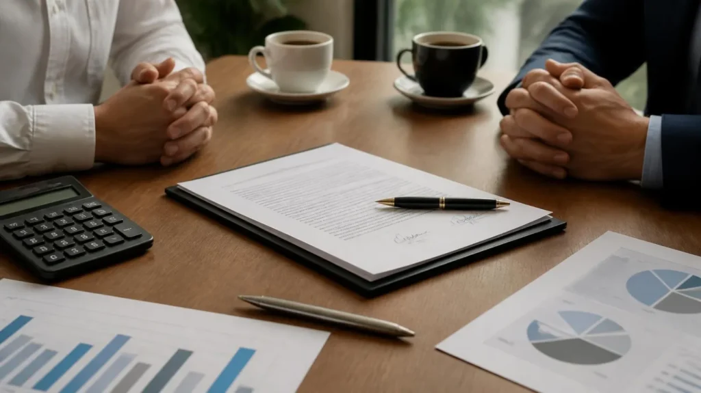Business owners reviewing an agreement and financial figures at a meeting table
