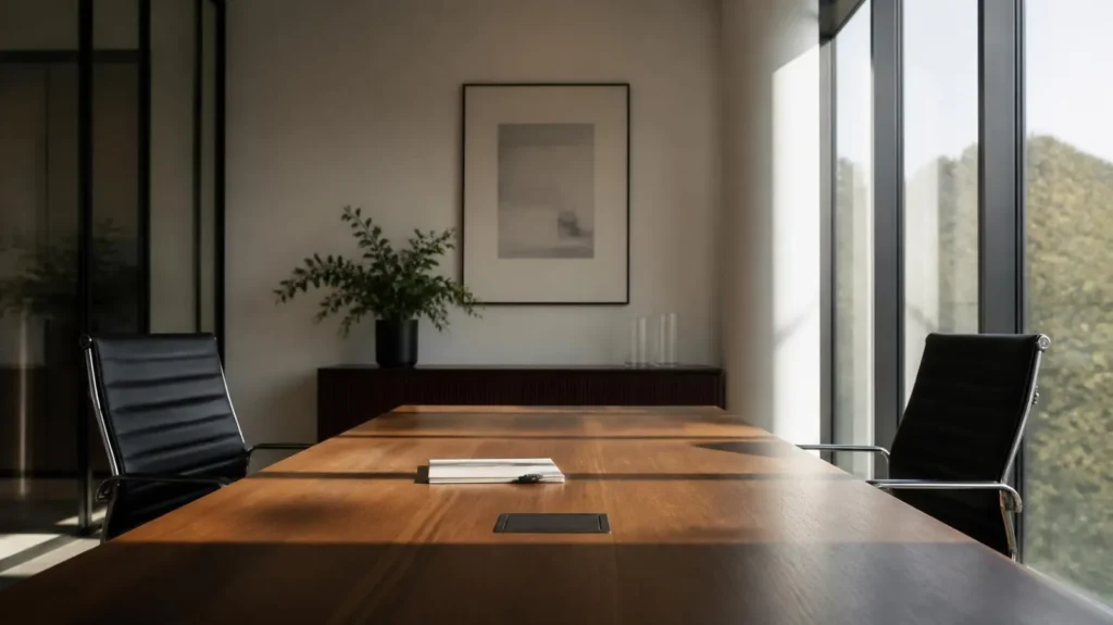 Quiet boardroom with two chairs facing each other across the table