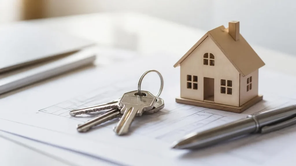 House keys and a model home resting on property documents