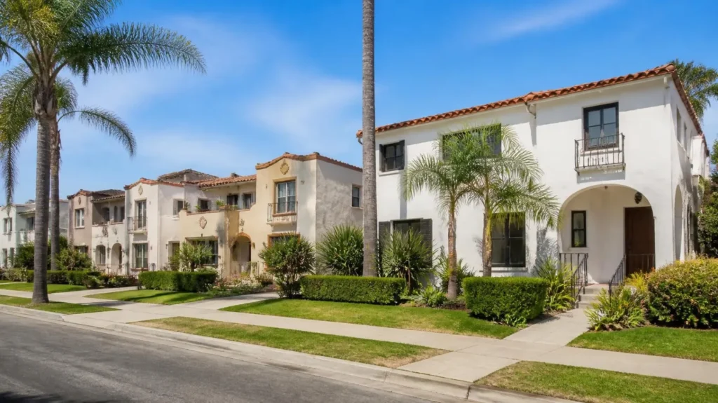 Small apartment buildings and a duplex on a sunny San Diego street